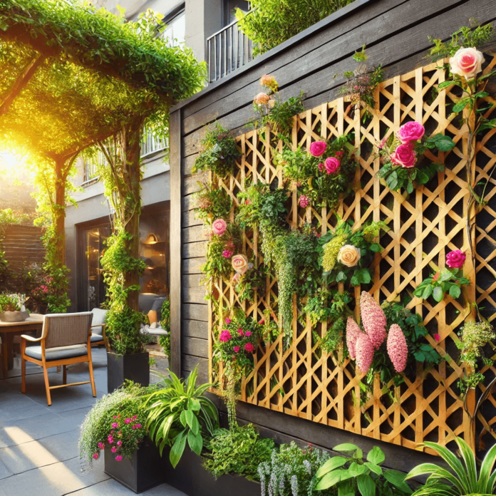 A wooden fence decorated with a vertical garden, featuring cascading greenery and colorful climbing plants like roses and honeysuckle, creating a natural privacy screen.