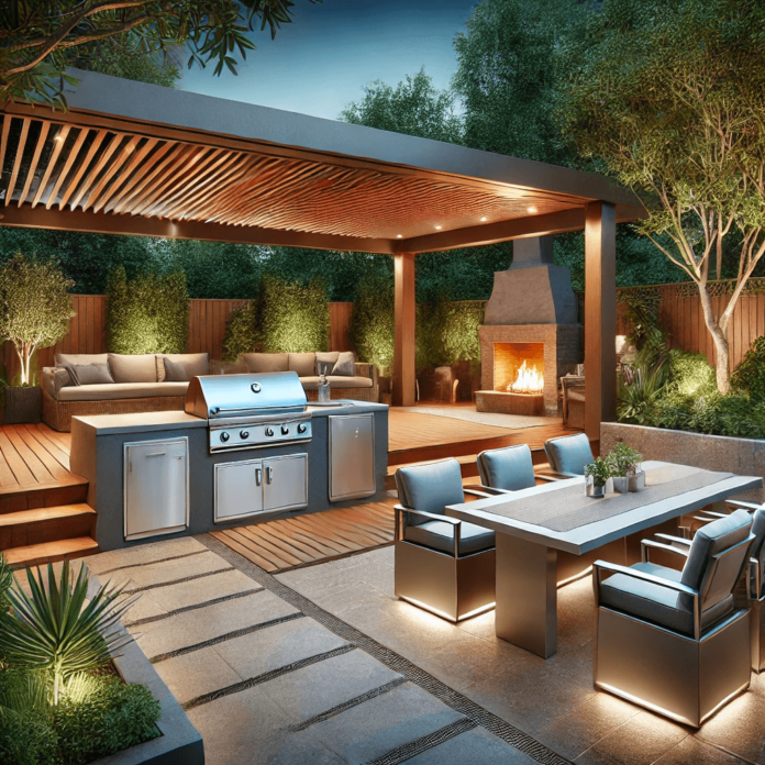 A stylish weatherproof outdoor kitchen featuring a built-in stainless steel grill, waterproof countertops, a pergola with retractable covers, a fire pit, and cozy dining space surrounded by lush greenery.