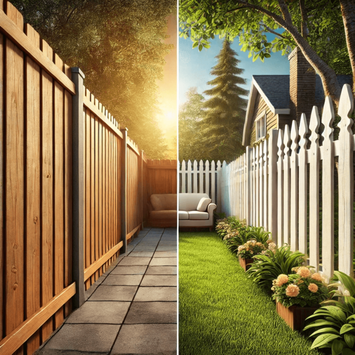 A backyard comparison of a tall wooden privacy fence and a short decorative picket fence, showcasing the benefits of different fence heights for privacy and aesthetics.