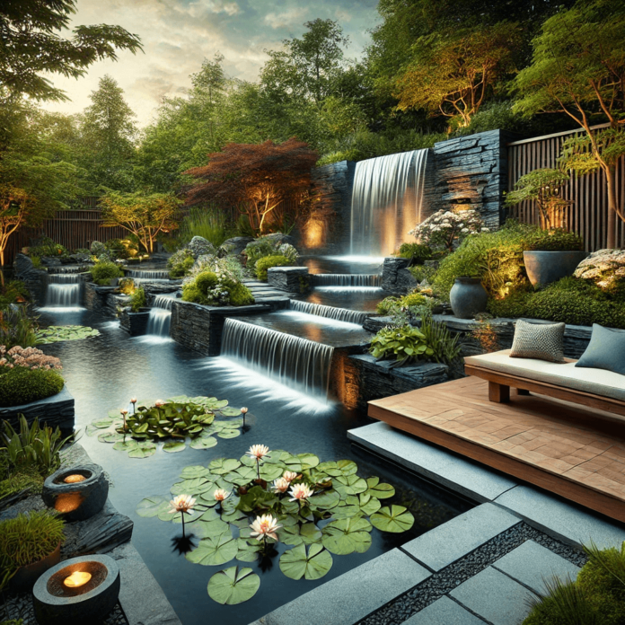 A serene garden featuring a natural pond with floating lilies, a cascading waterfall, a modern fountain, lush greenery, stone pathways, and a cozy wooden bench.