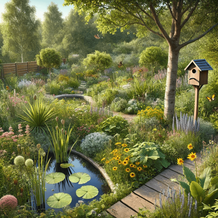 A wildlife-friendly garden with a small pond, birdhouse, wildflower meadows, and a stone pathway surrounded by native plants, attracting birds, butterflies, and bees.